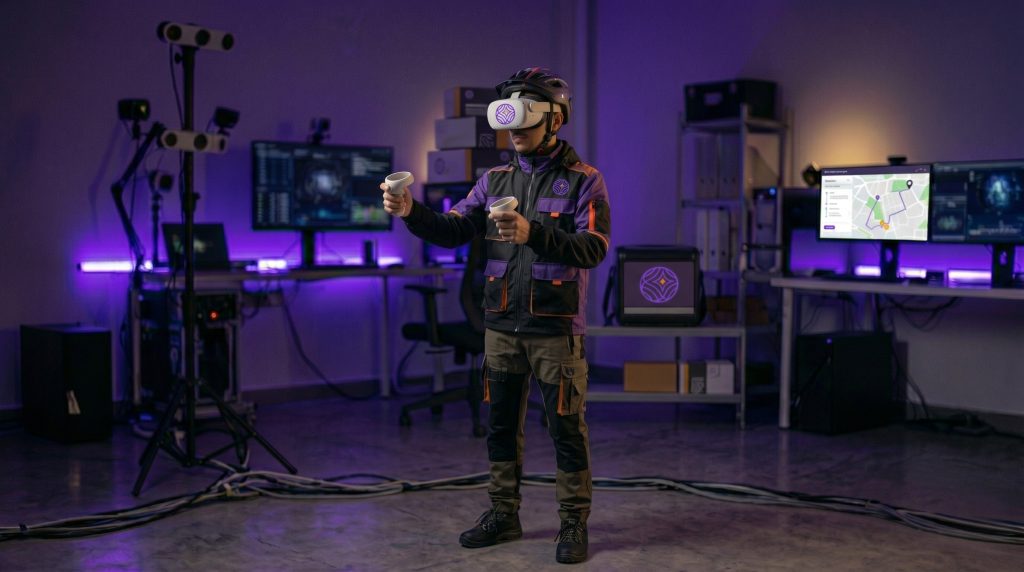 Tareeq X virtual-reality simulation — delivery rider training in VR at Al-Amad lab